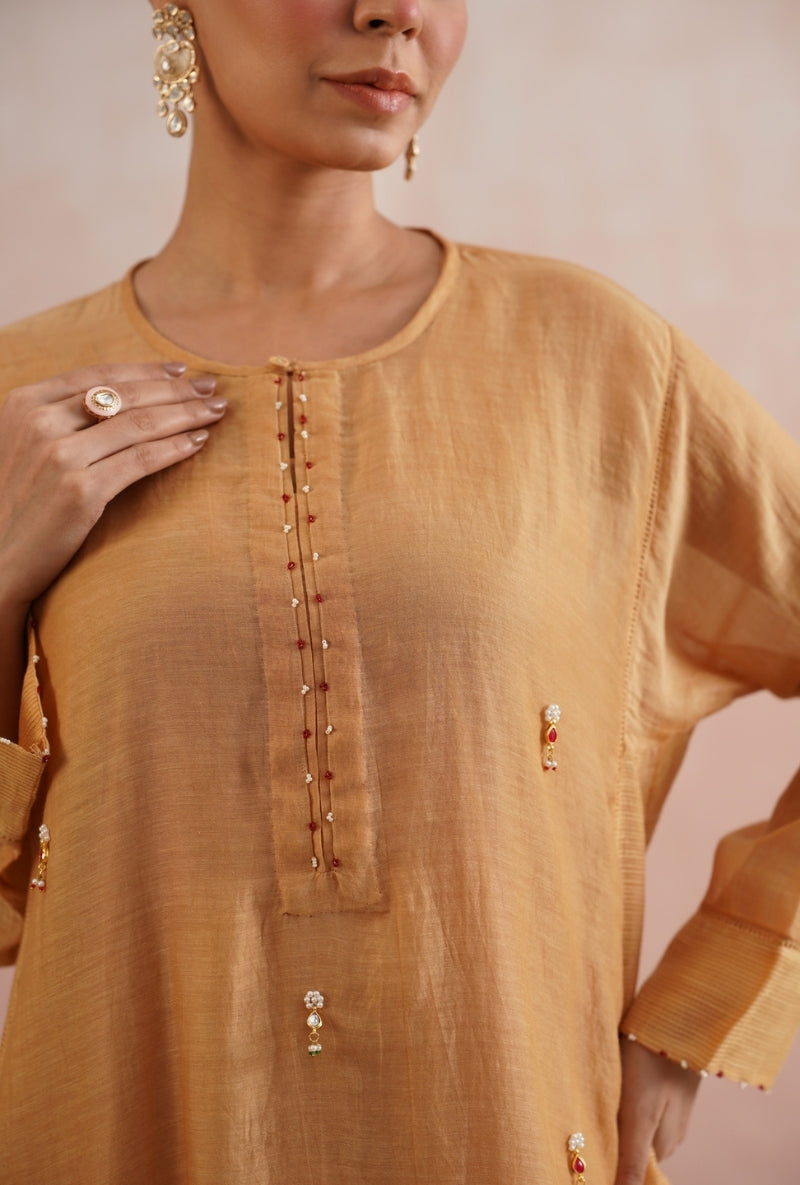 Apricot Peach Pearl and Jewels Embroidered Prisha Kurta Set