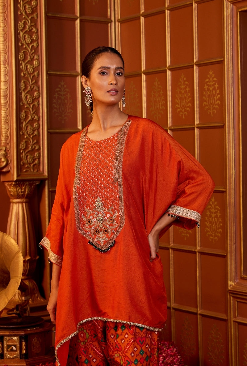 Orange Embroidered Yoke Asymmetric Oorja Kurta Set
