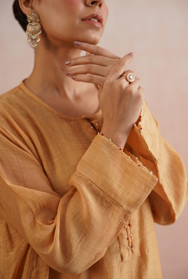 Apricot Peach Pearl and Jewels Embroidered Prisha Kurta Set