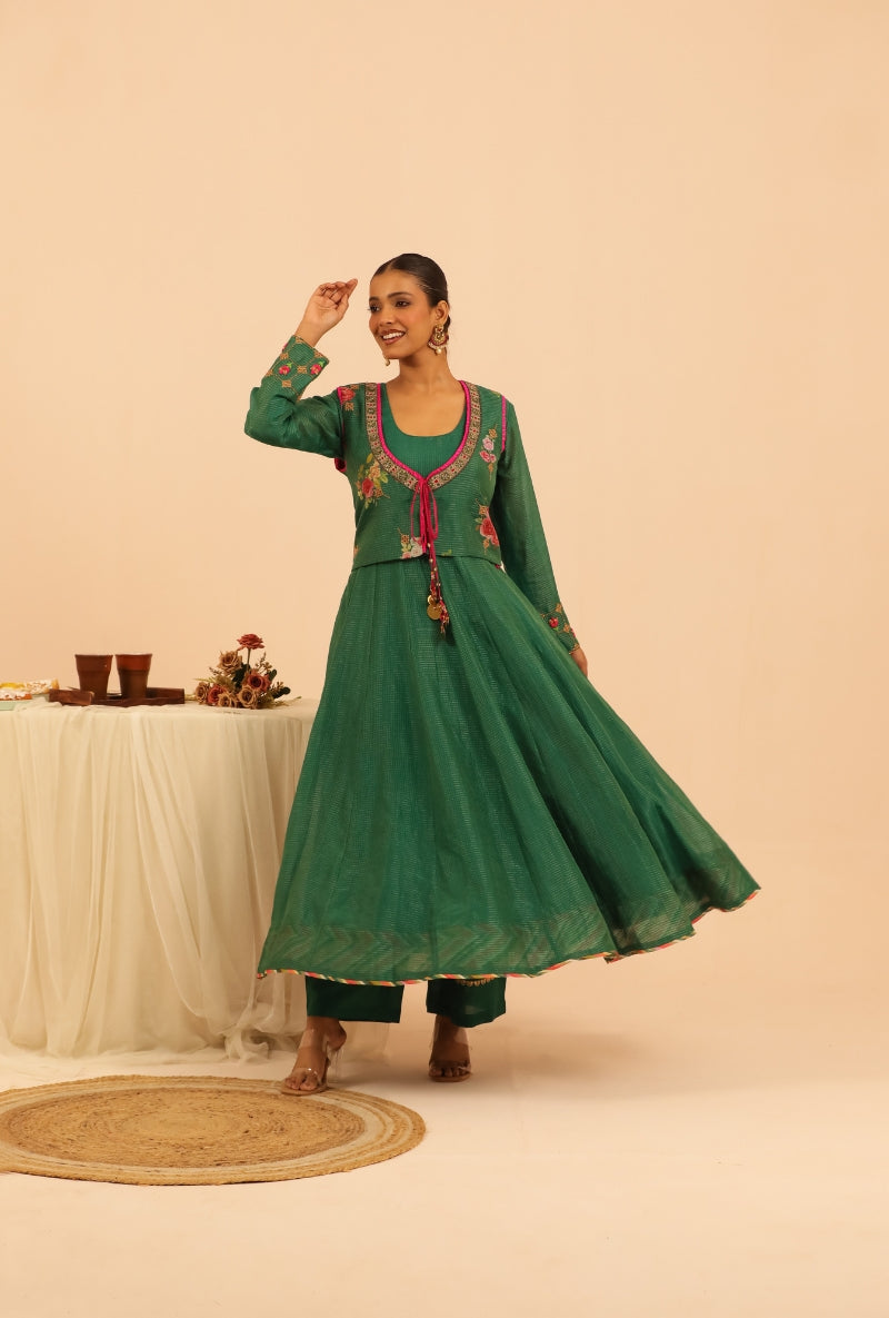 Emerald Green Floral Print Jacket Sakhi Anarakali Set