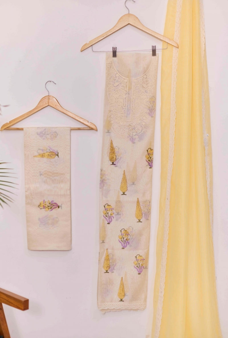 Block Print Resham Thread Embroidered Yoke Unstitched Suit Set