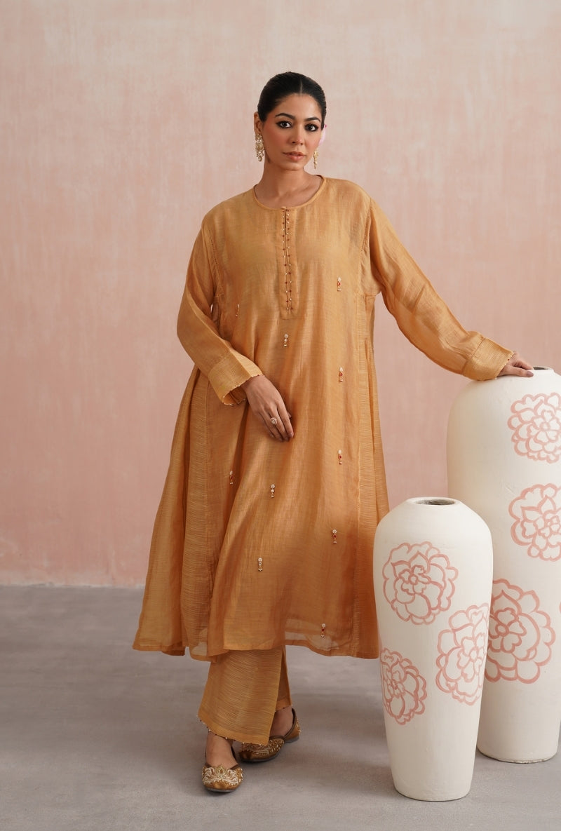 Apricot Peach Pearl and Jewels Embroidered Prisha Kurta Set