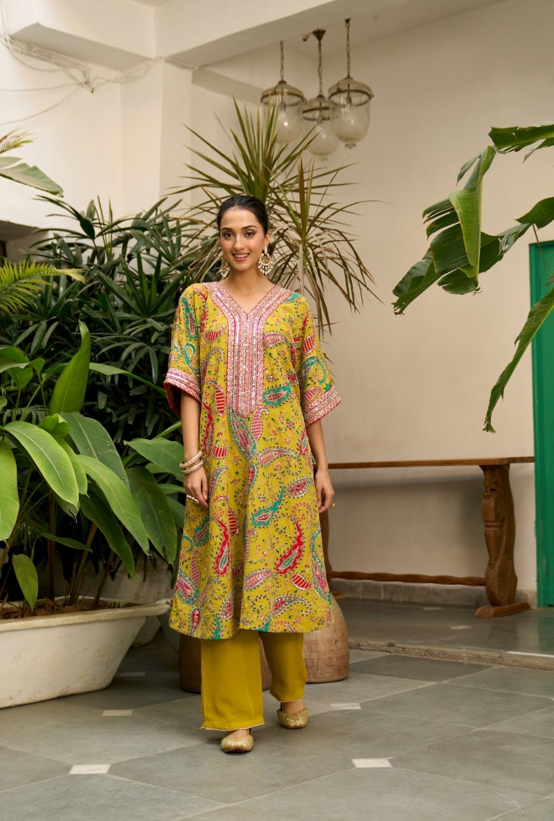 Mustard Paisely Print Choga Style Nadira Kurta Set