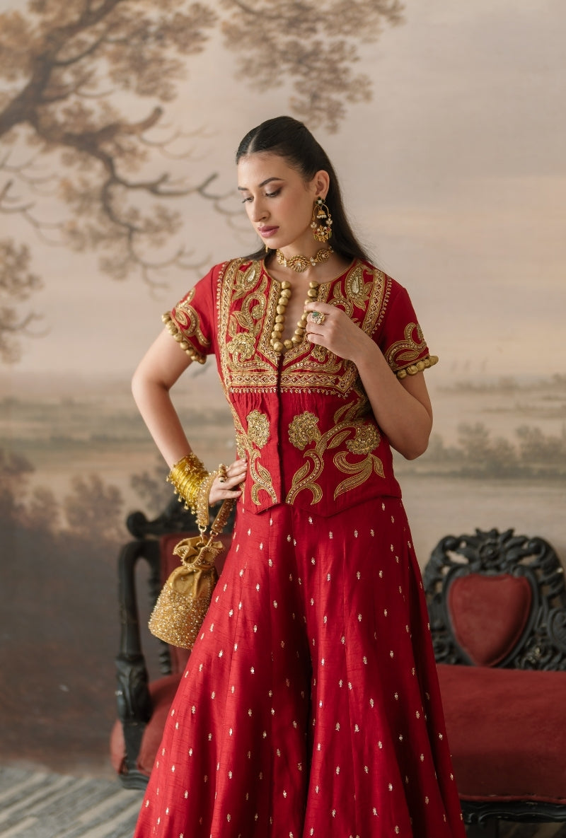 Red Embroidered Jacket Gulbano Sharara Set