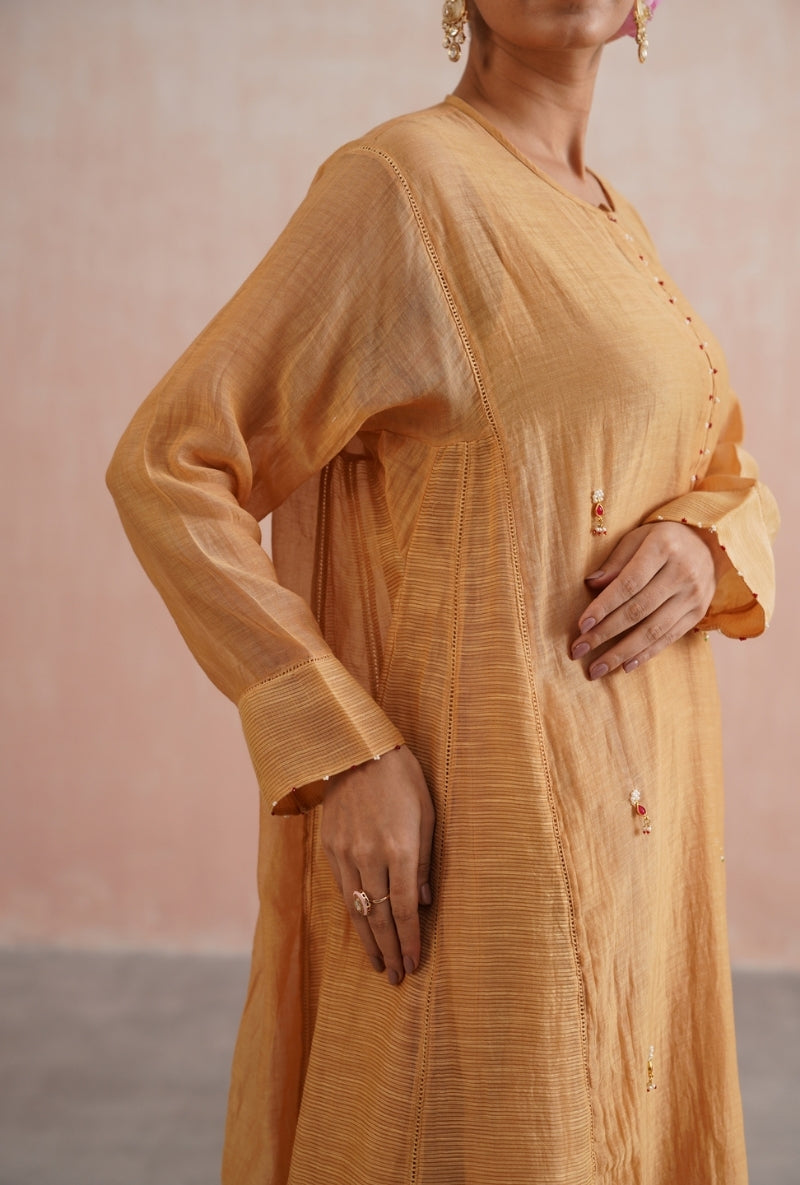 Apricot Peach Pearl and Jewels Embroidered Prisha Kurta Set