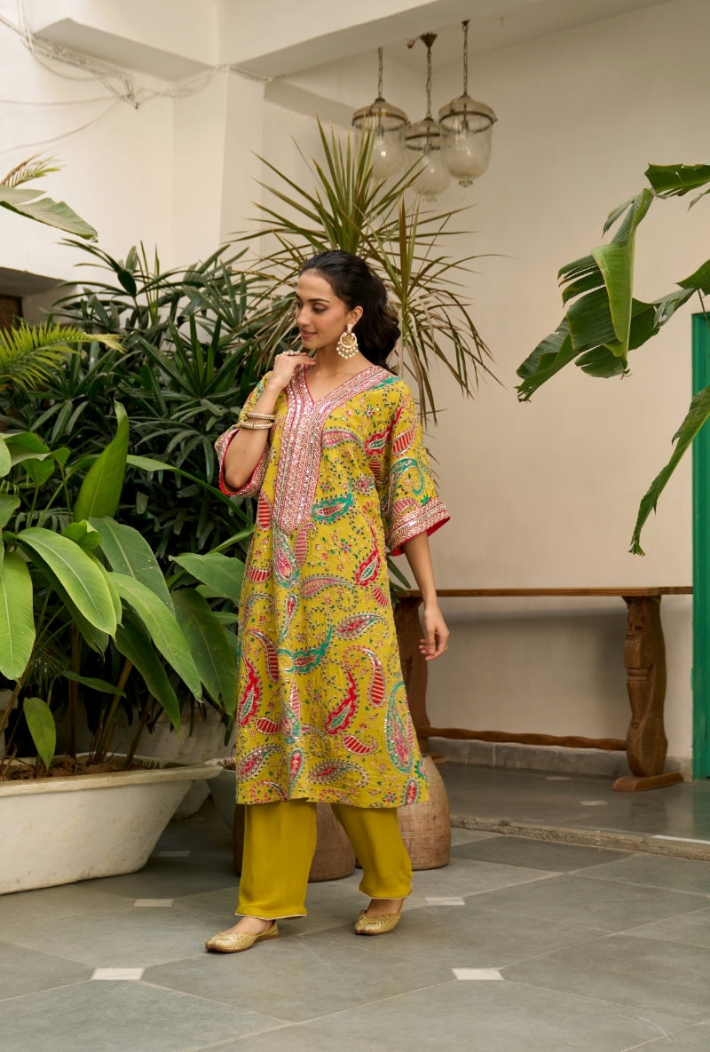 Mustard Paisely Print Choga Style Nadira Kurta Set