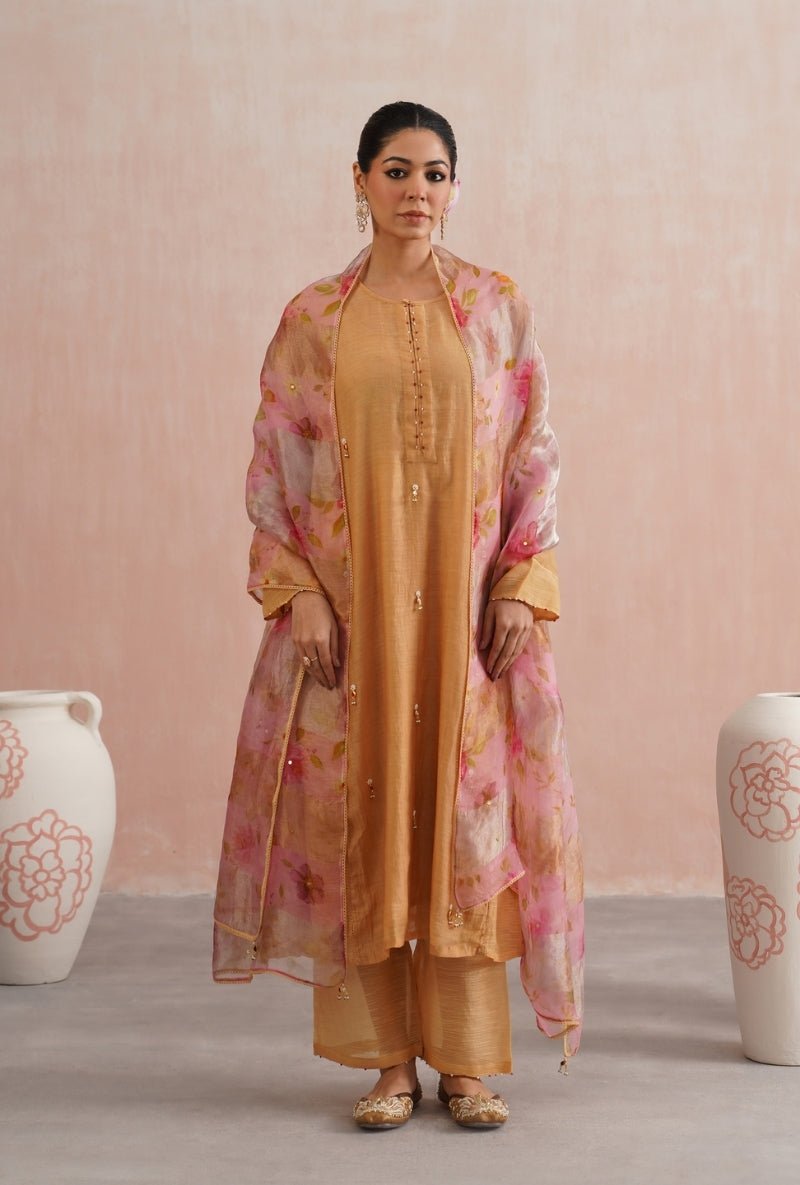 Apricot Peach Pearl and Jewels Embroidered Prisha Kurta Set