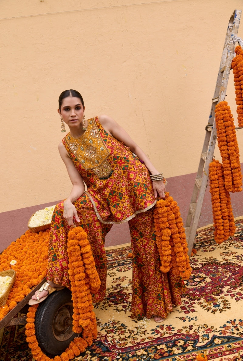Yellow Patola Short Kali Oorja Sharara Set