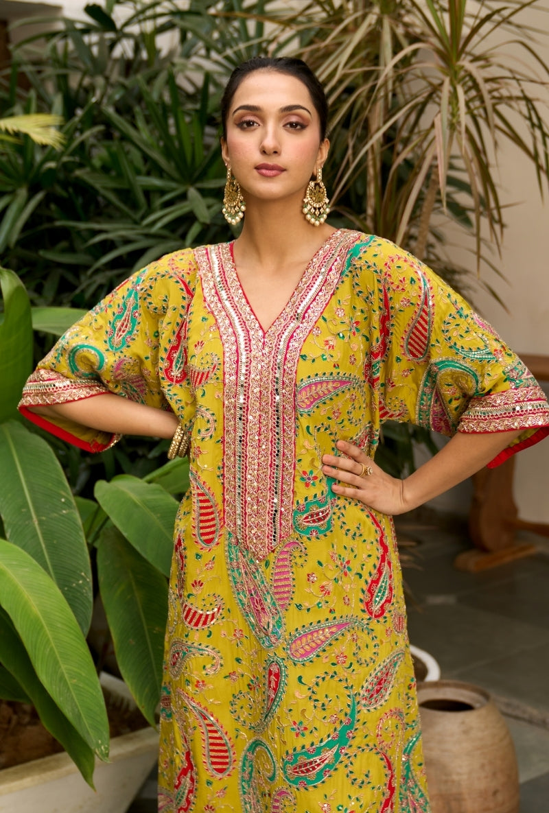 Mustard Paisely Print Choga Style Nadira Kurta Set