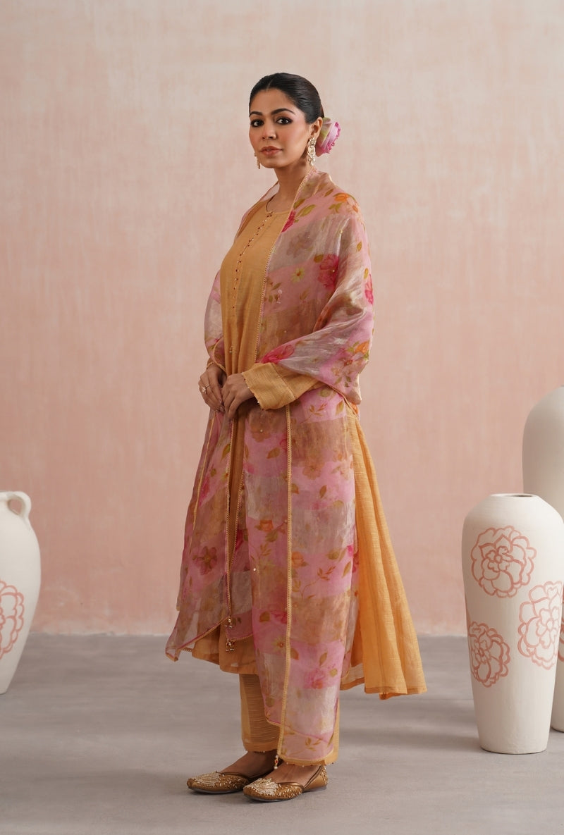 Apricot Peach Pearl and Jewels Embroidered Prisha Kurta Set