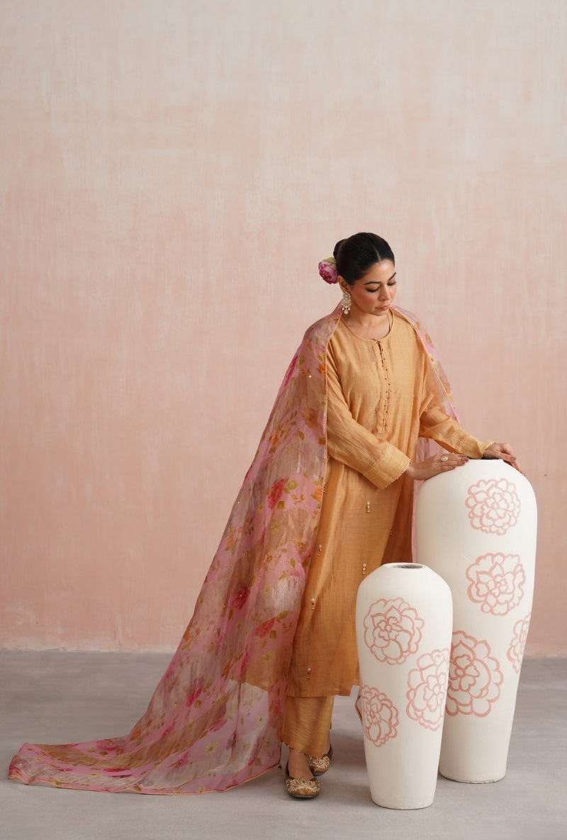 Apricot Peach Pearl and Jewels Embroidered Prisha Kurta Set