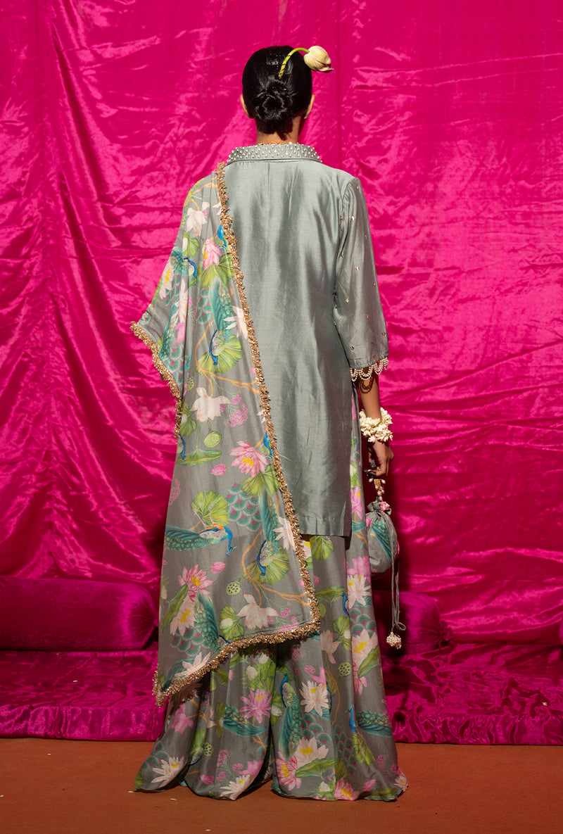 Grey Printed Kamli Sharara Set