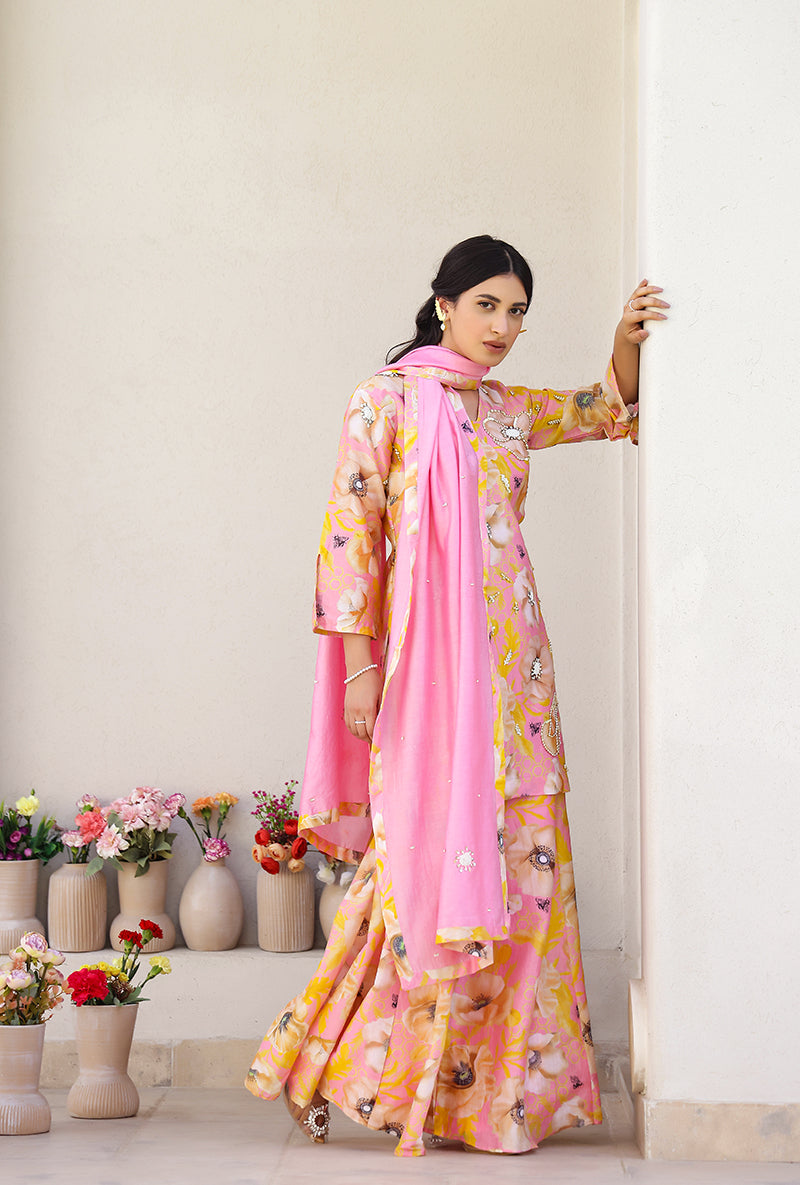Pink And Yellow Garden Printed Magnolia Sharara Set
