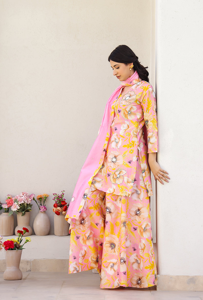 Pink And Yellow Garden Printed Magnolia Sharara Set
