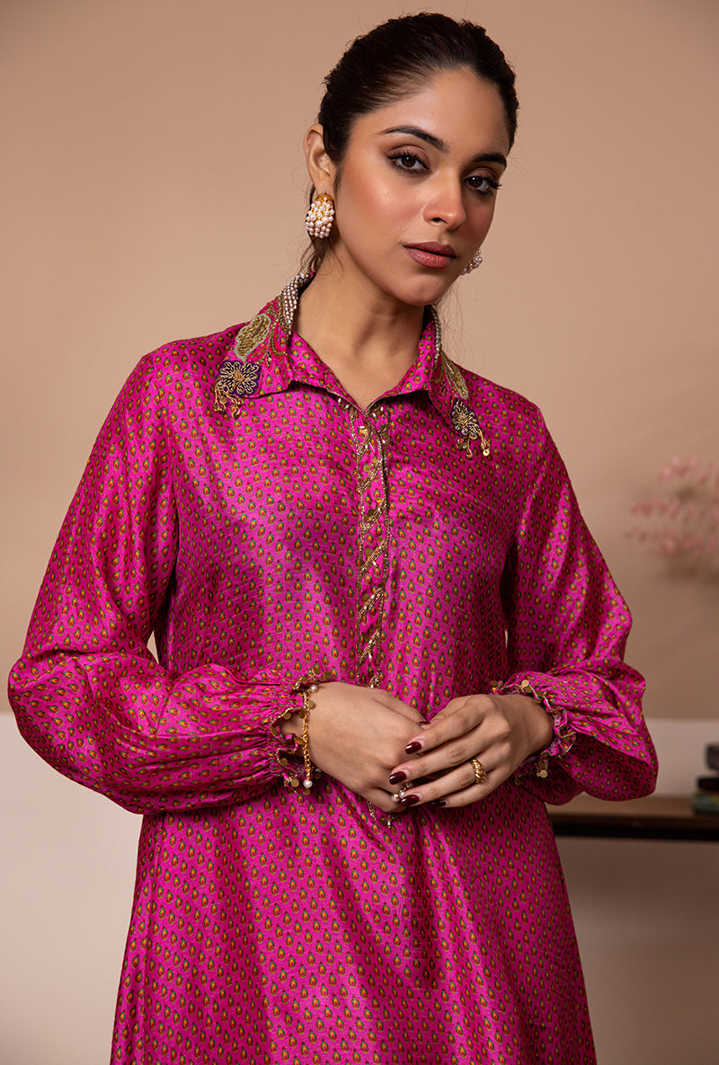 Pink Cheent Print Collar Shaheen Kurta Set