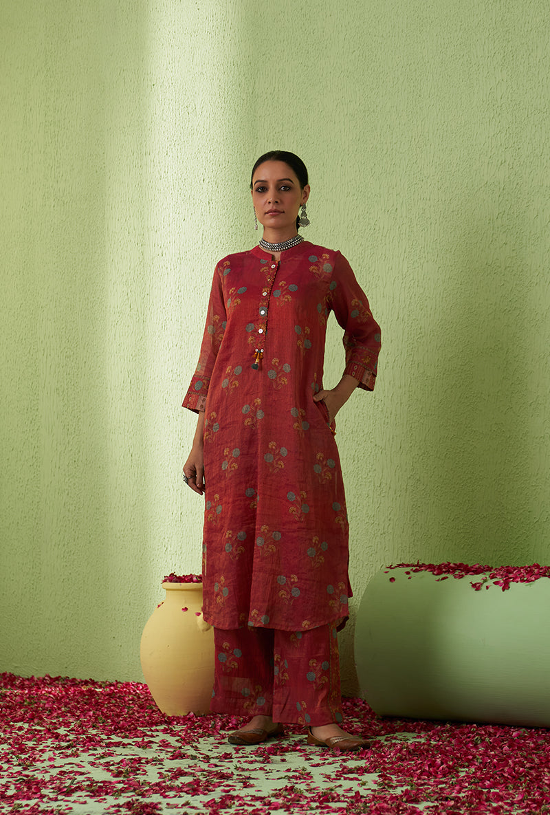 Rani Pink Mughal Print Tara Kurta Set