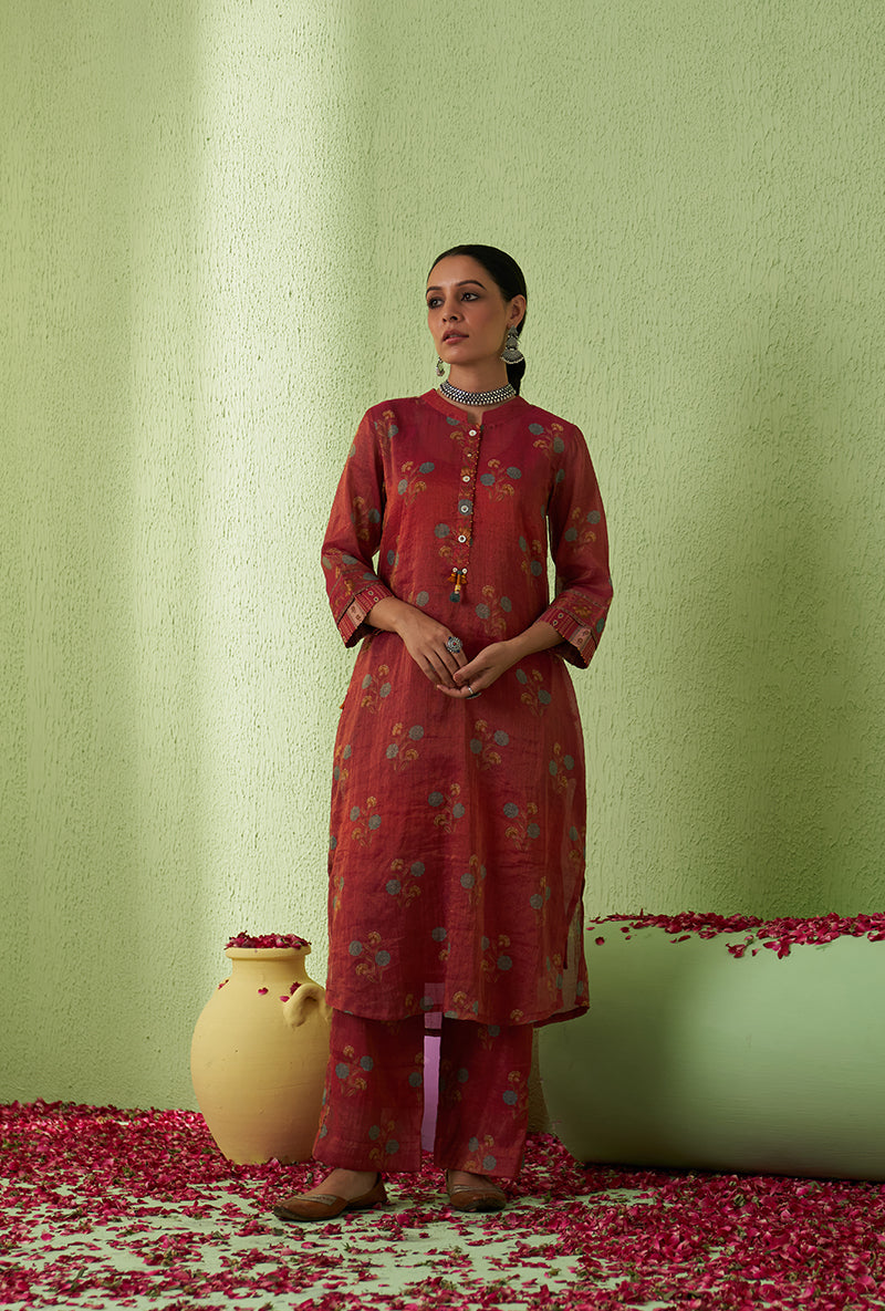 Rani Pink Mughal Print Tara Kurta Set