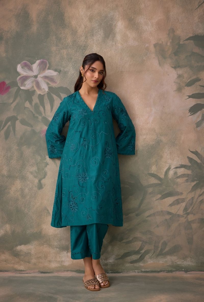Teal Green All Over Thread Work Jalsa Kurta Set