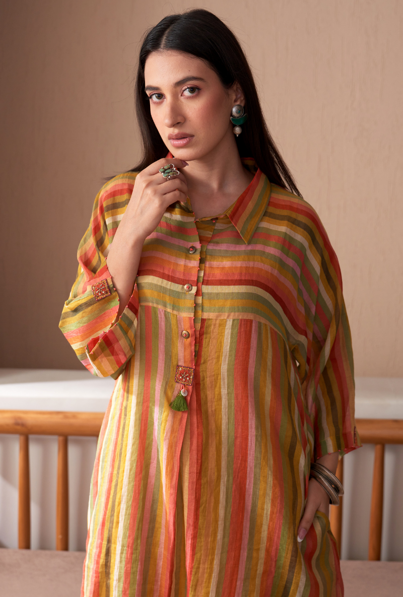 Mustard Anti Fit Stripe Bageecha Kurta Set