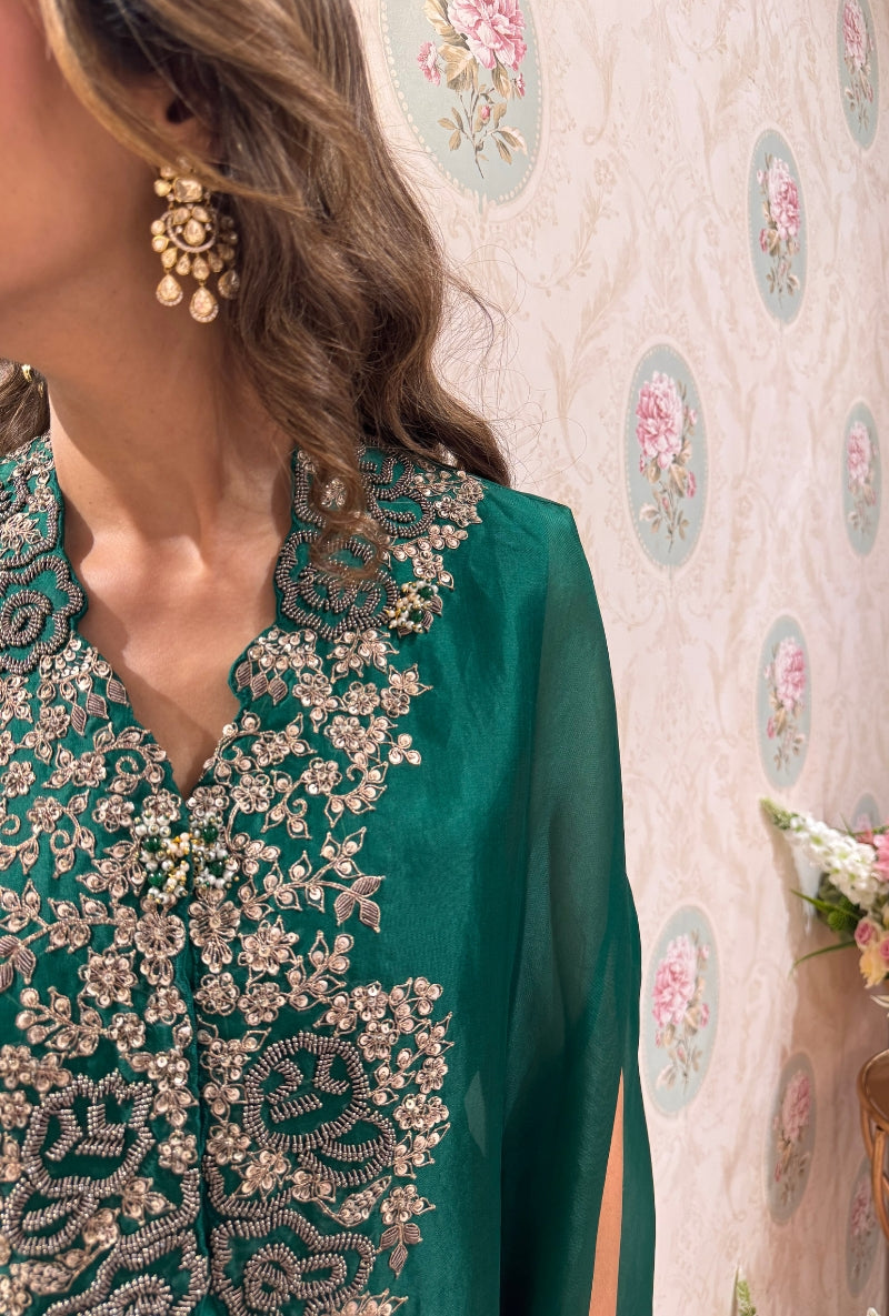 Meghna Nayyar in Bottle Green Sequin and Dori Mallika Cape Set