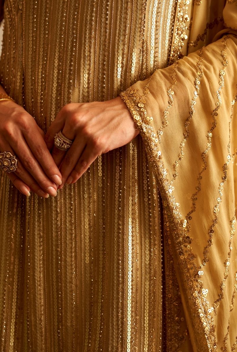 Beige Stripes Sequin Rumi Gharara Set