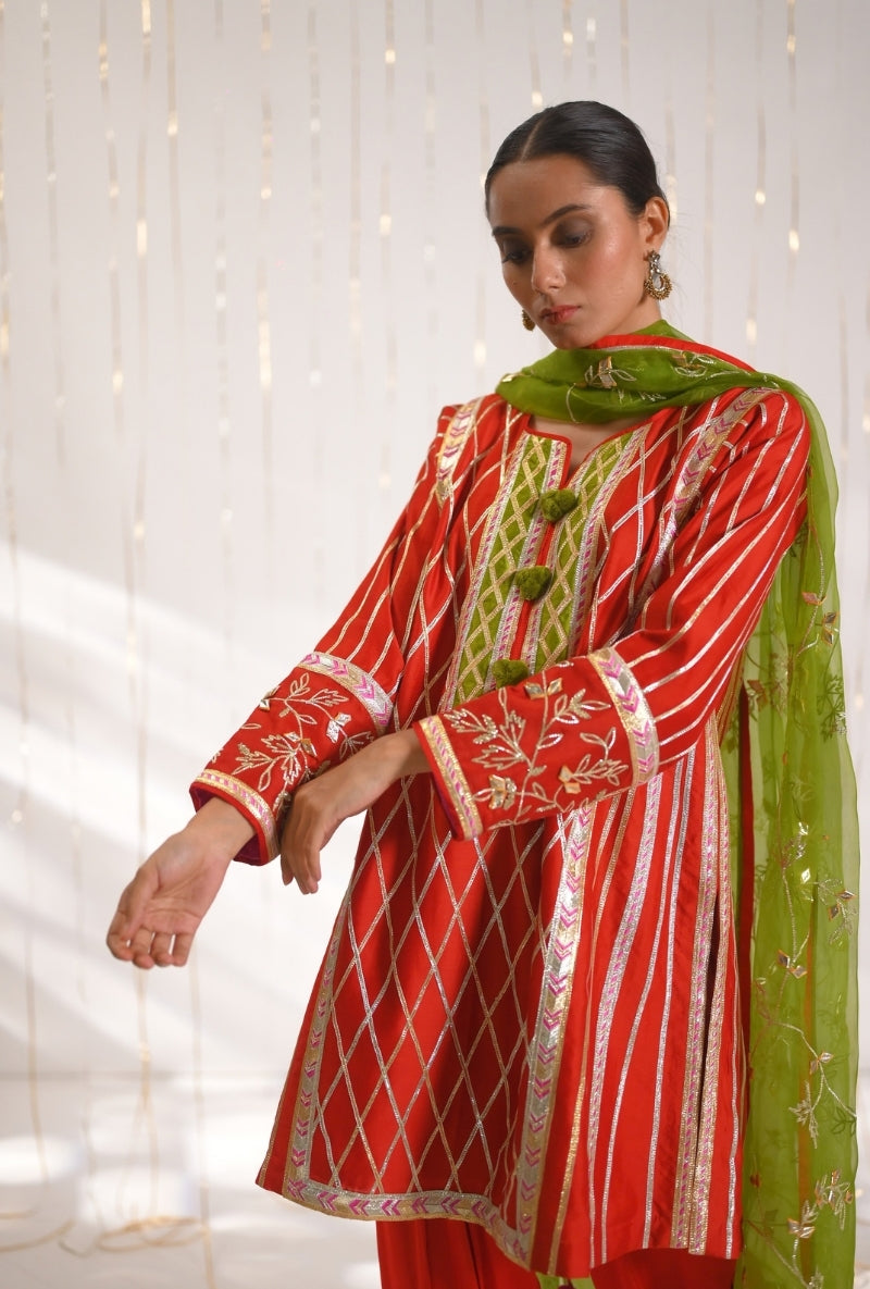 Tomato Red Gota Lace Patti Short Mehreen Kurta Set