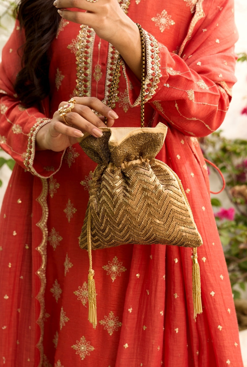 Orange Long Embroidered Sabah Kurta Set