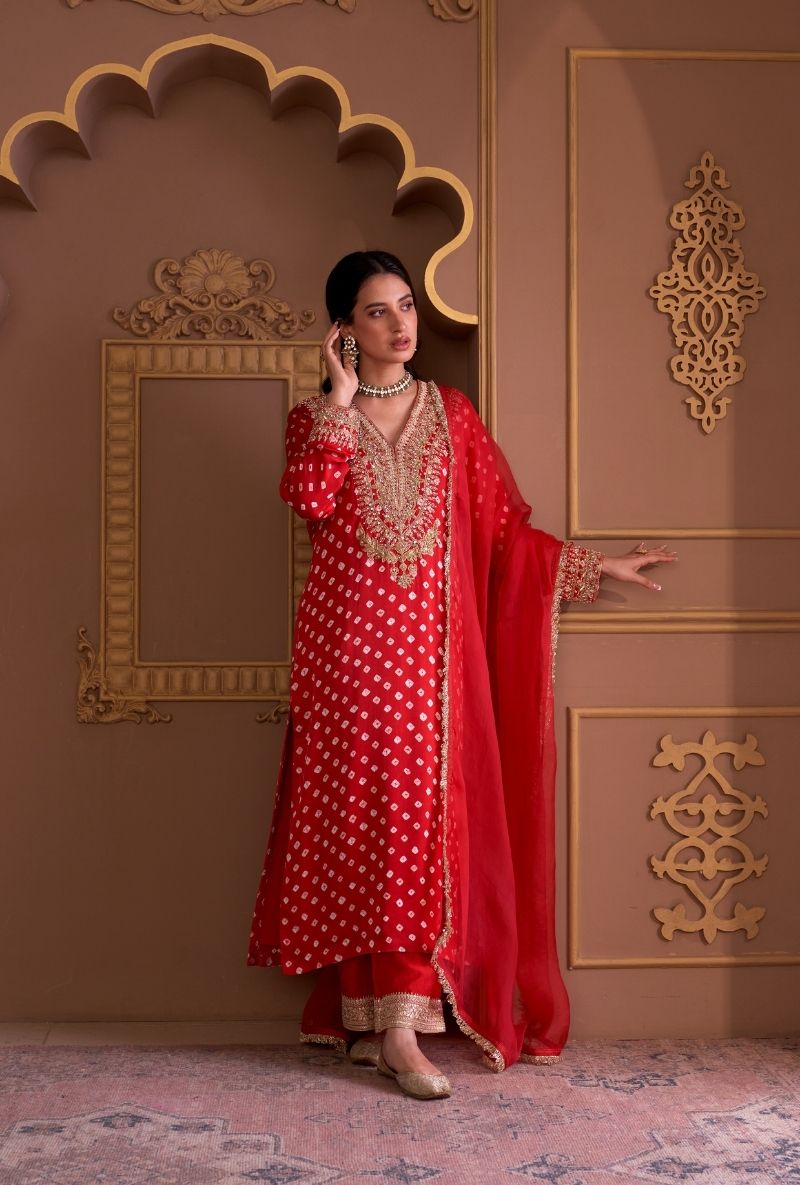 Red Bandhej Rasia Kurta Set
