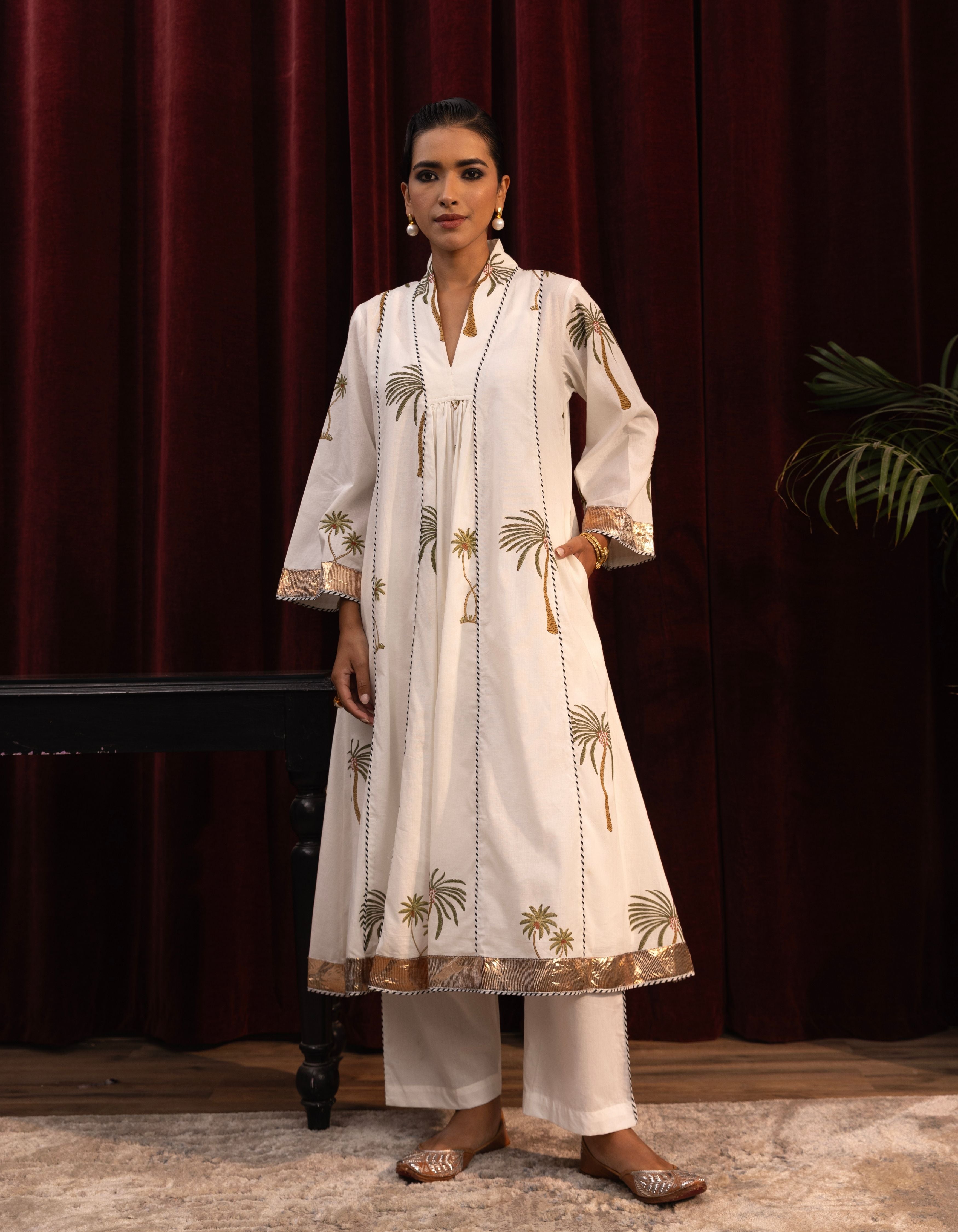 White Palm Print Kali Mogra Kurta Set