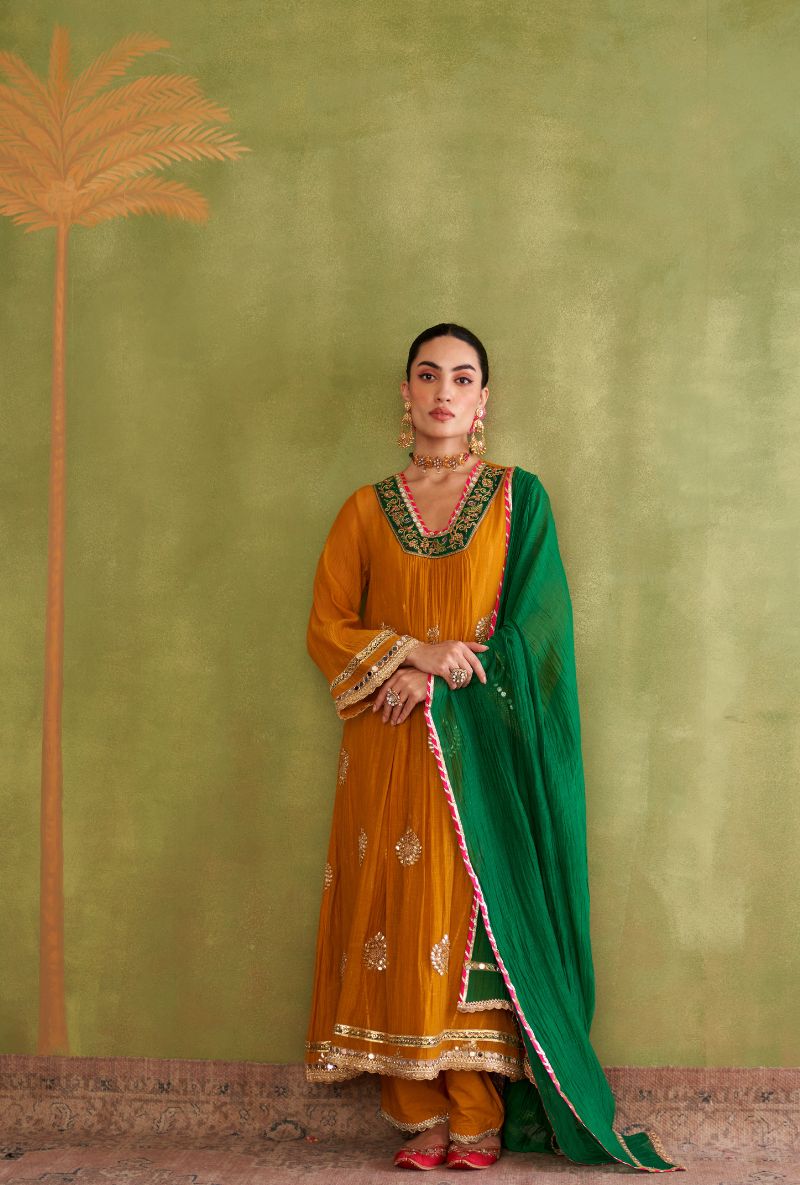 Mustard Contrast Neck Morbagh Kurta Set