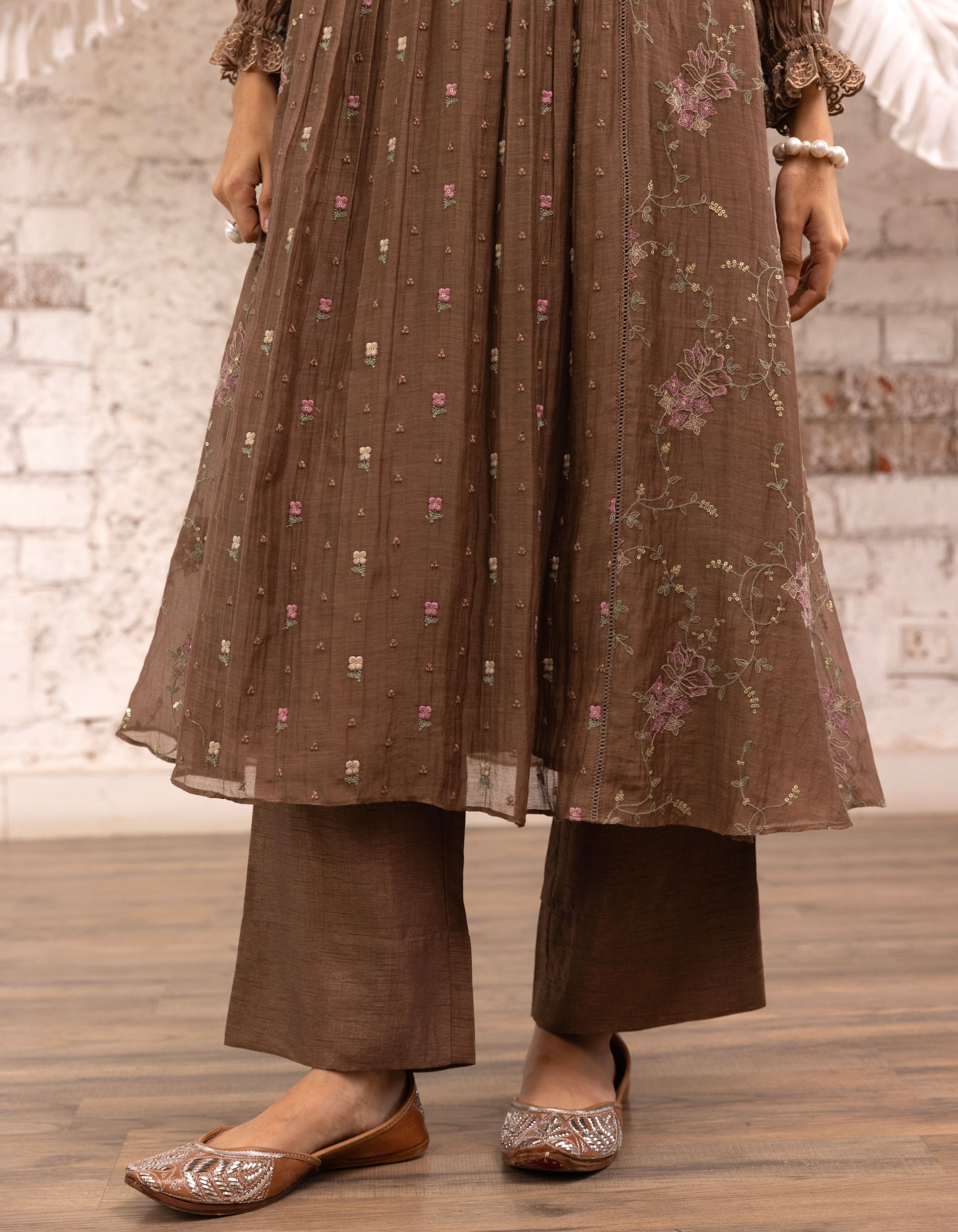 Brown Threadwork Long Yoke Noor Kurta Set