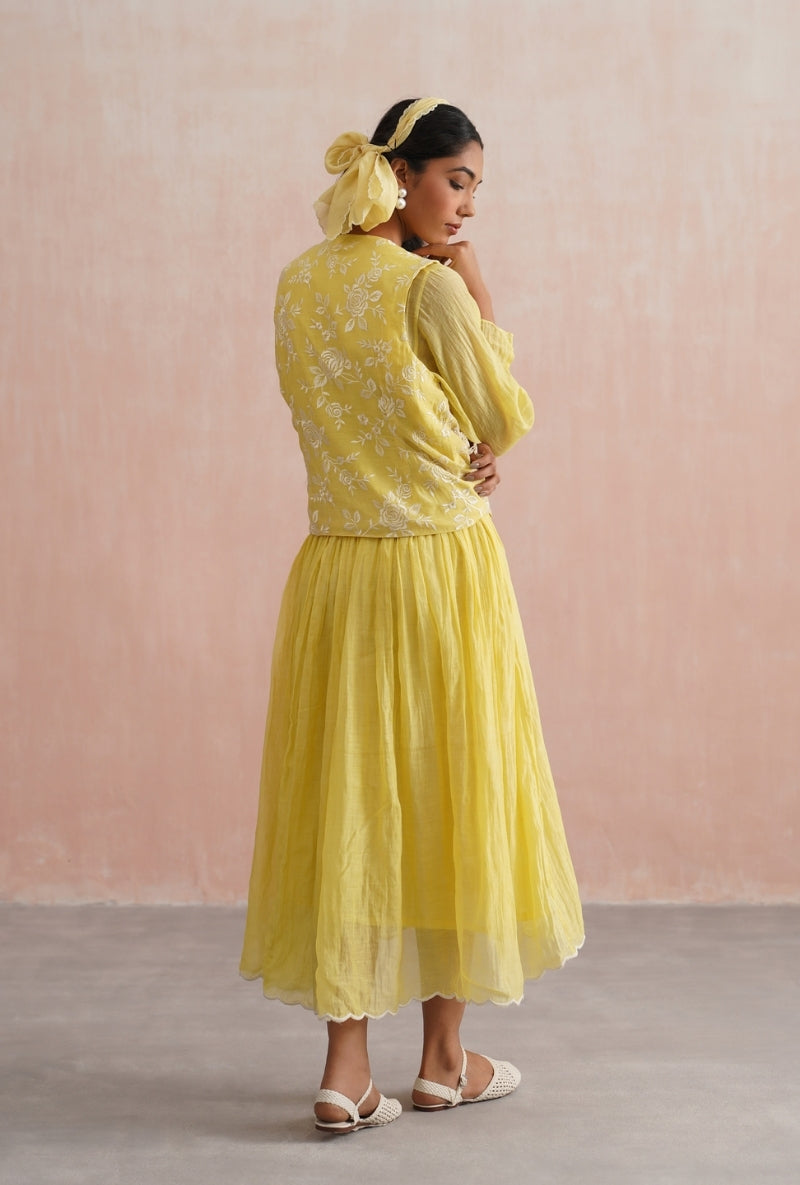 Lemon Yellow Pearl Embroidered Waistcoat Prisha Dress