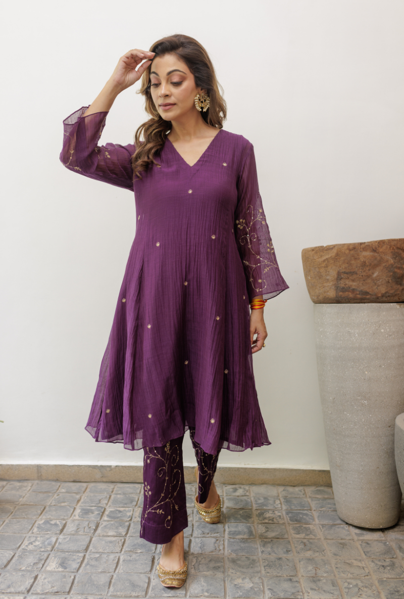 Meghna Nayyar in Purple Zari &amp; Dabka Work Urvi Kurta Set