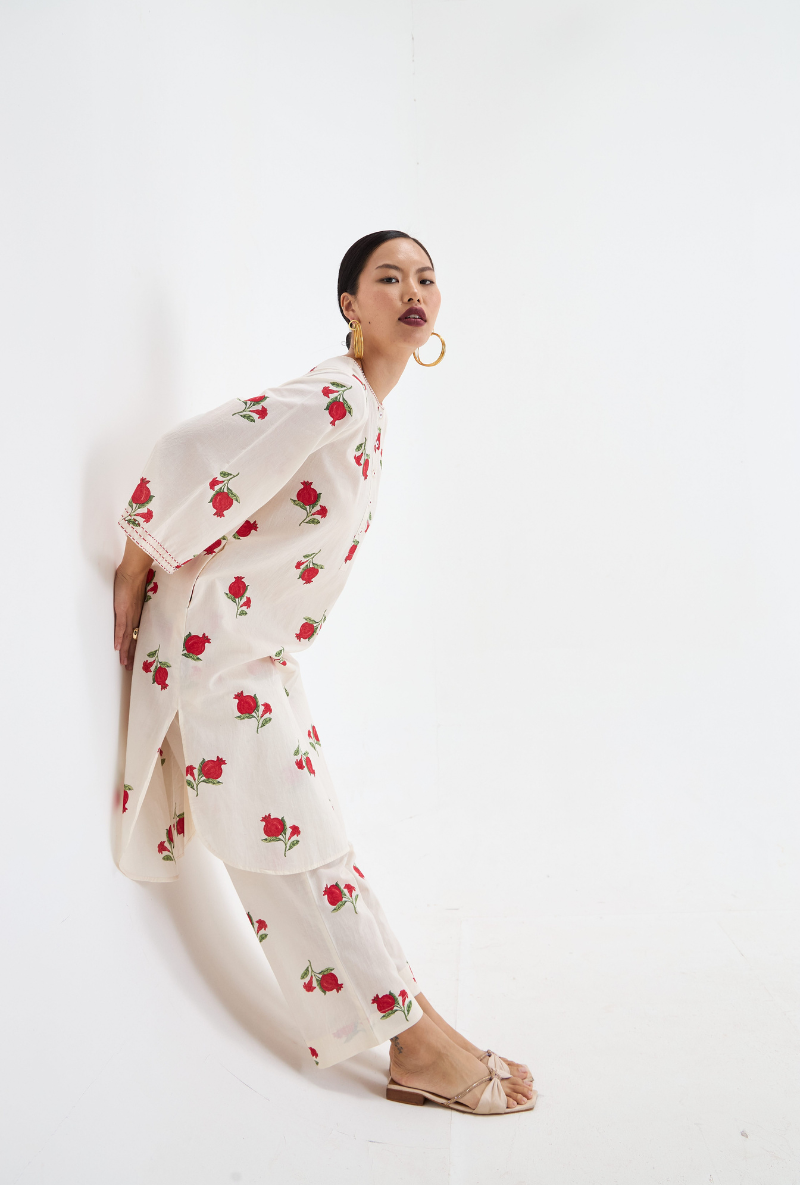 Meghna Nayyar in White Anaar Print Love Letters Kurta Set