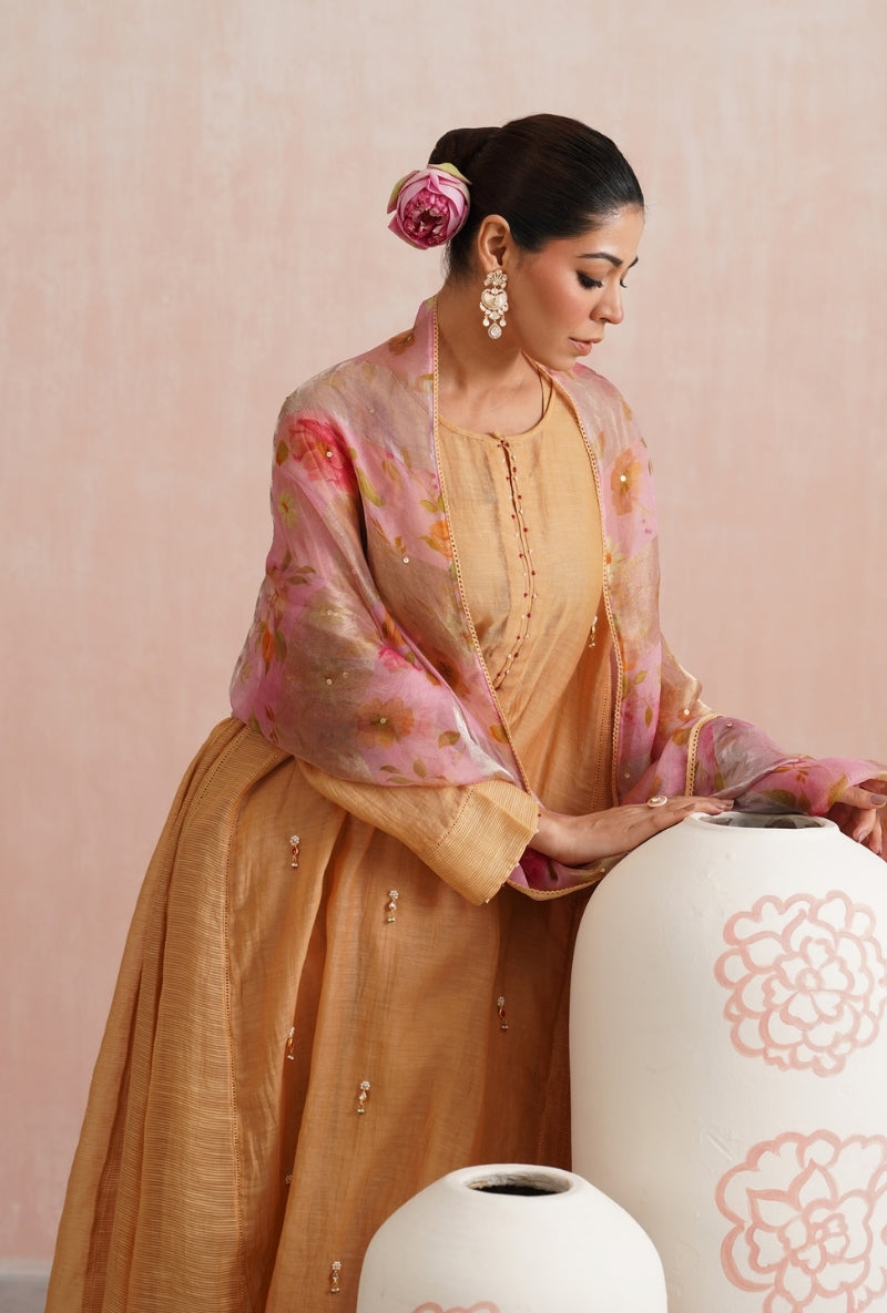 Apricot Peach Pearl and Jewels Embroidered Prisha Kurta Set
