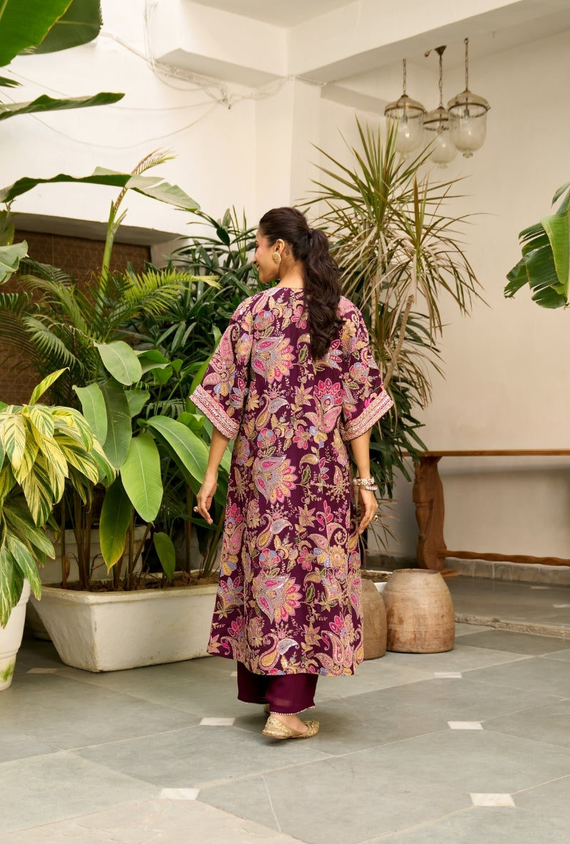 Burgundy Paisely Print Choga Style Nadira Kurta Set