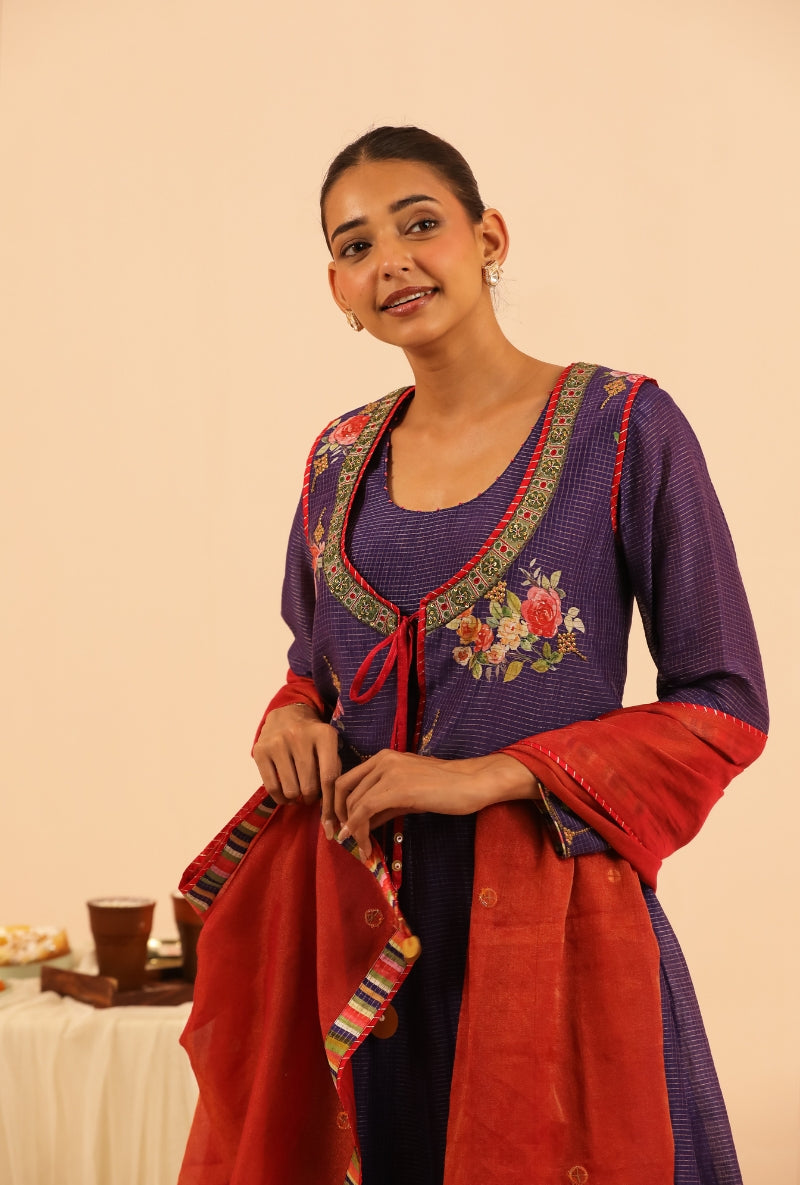 Purple Floral Print Jacket Sakhi Anarakali Set
