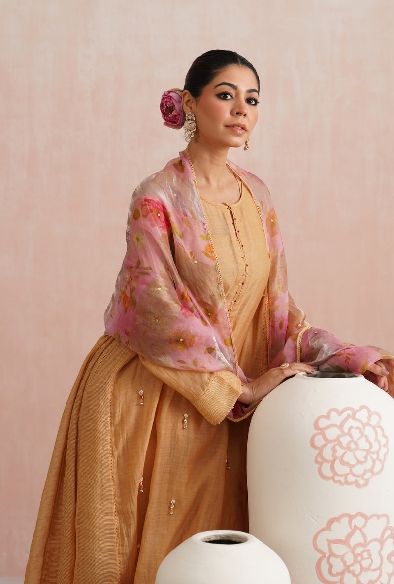Apricot Peach Pearl and Jewels Embroidered Prisha Kurta Set