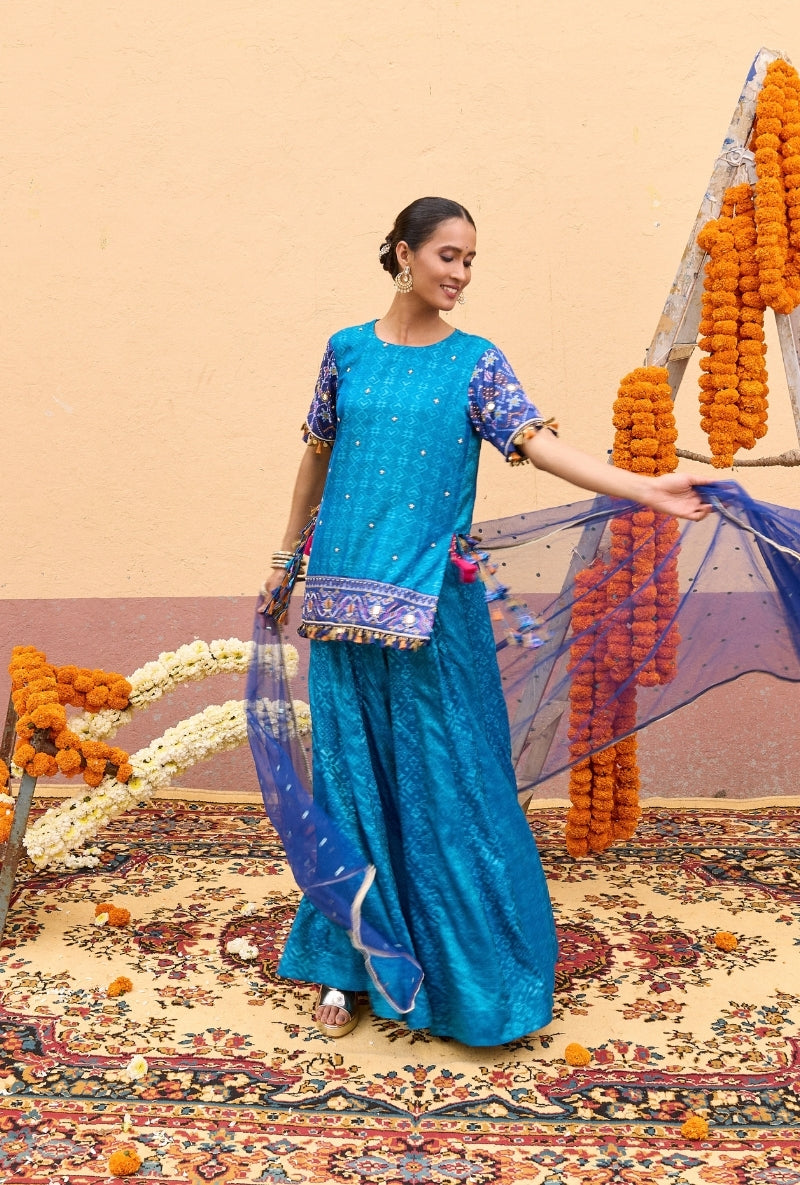 Blue Mirror Work Oorja Sharara Set