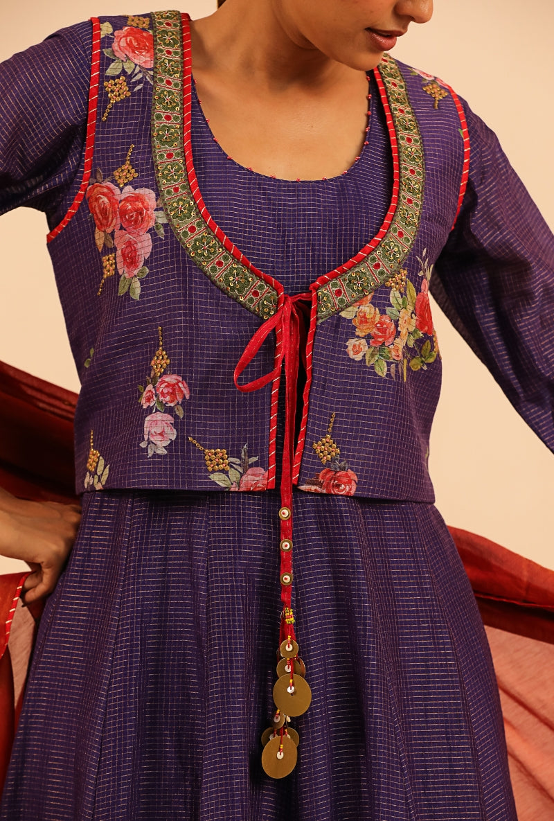 Purple Floral Print Jacket Sakhi Anarakali Set