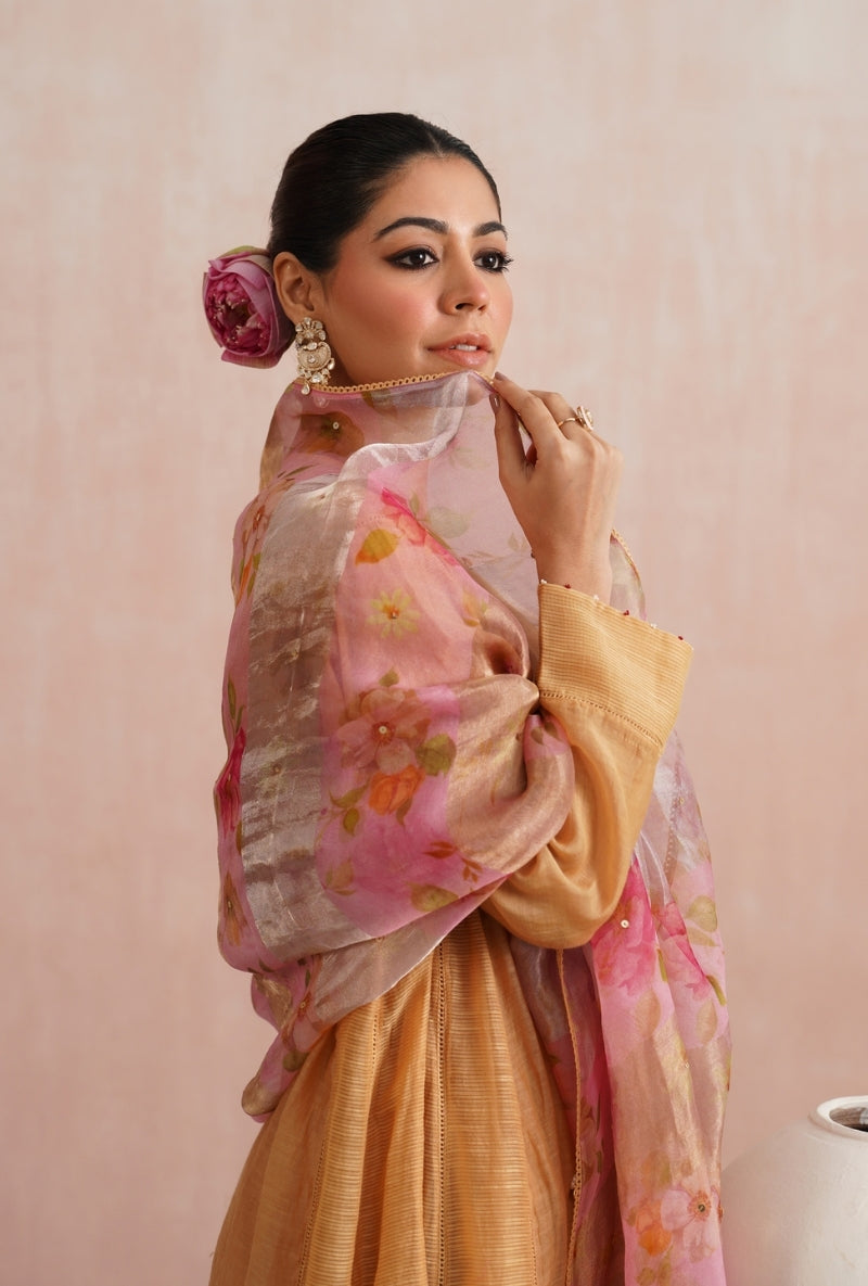Apricot Peach Pearl and Jewels Embroidered Prisha Kurta Set