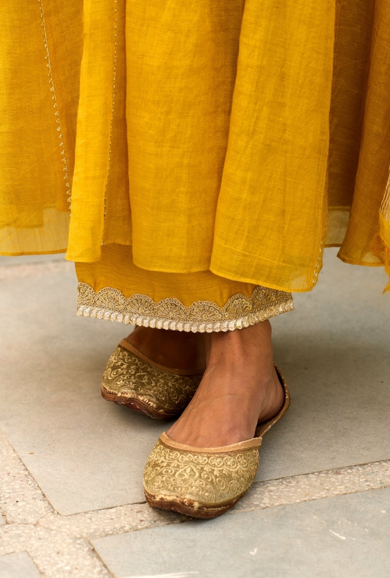Mustard Embroidered Square Yoke Sabah Anarkali Set