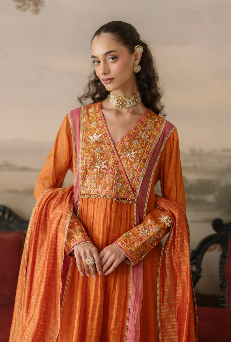 Rust Embroidered Overlap Yoke Gulbano Anarkali Set