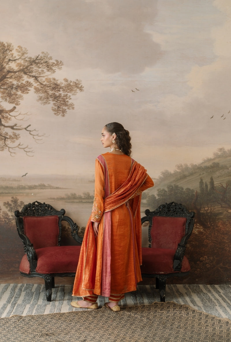 Rust Embroidered Overlap Yoke Gulbano Anarkali Set