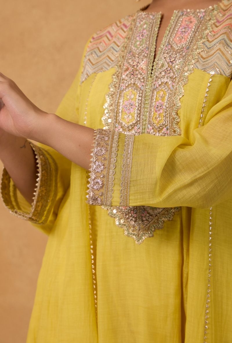Lemon Yellow Lace Yoke Panelled Surily Kurta Set