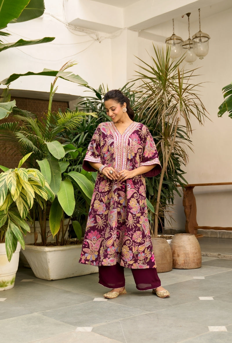 Burgundy Paisely Print Choga Style Nadira Kurta Set