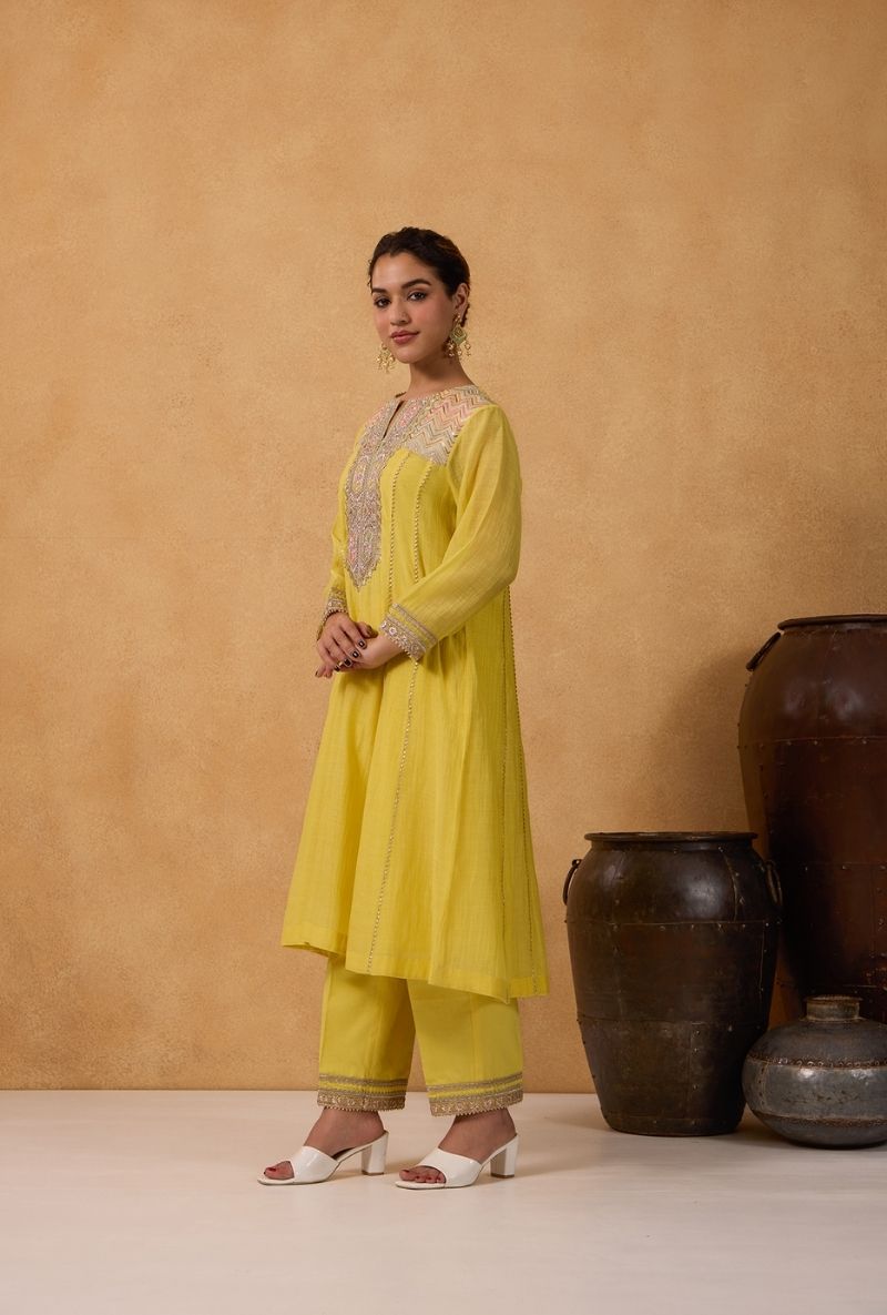 Lemon Yellow Lace Yoke Panelled Surily Kurta Set