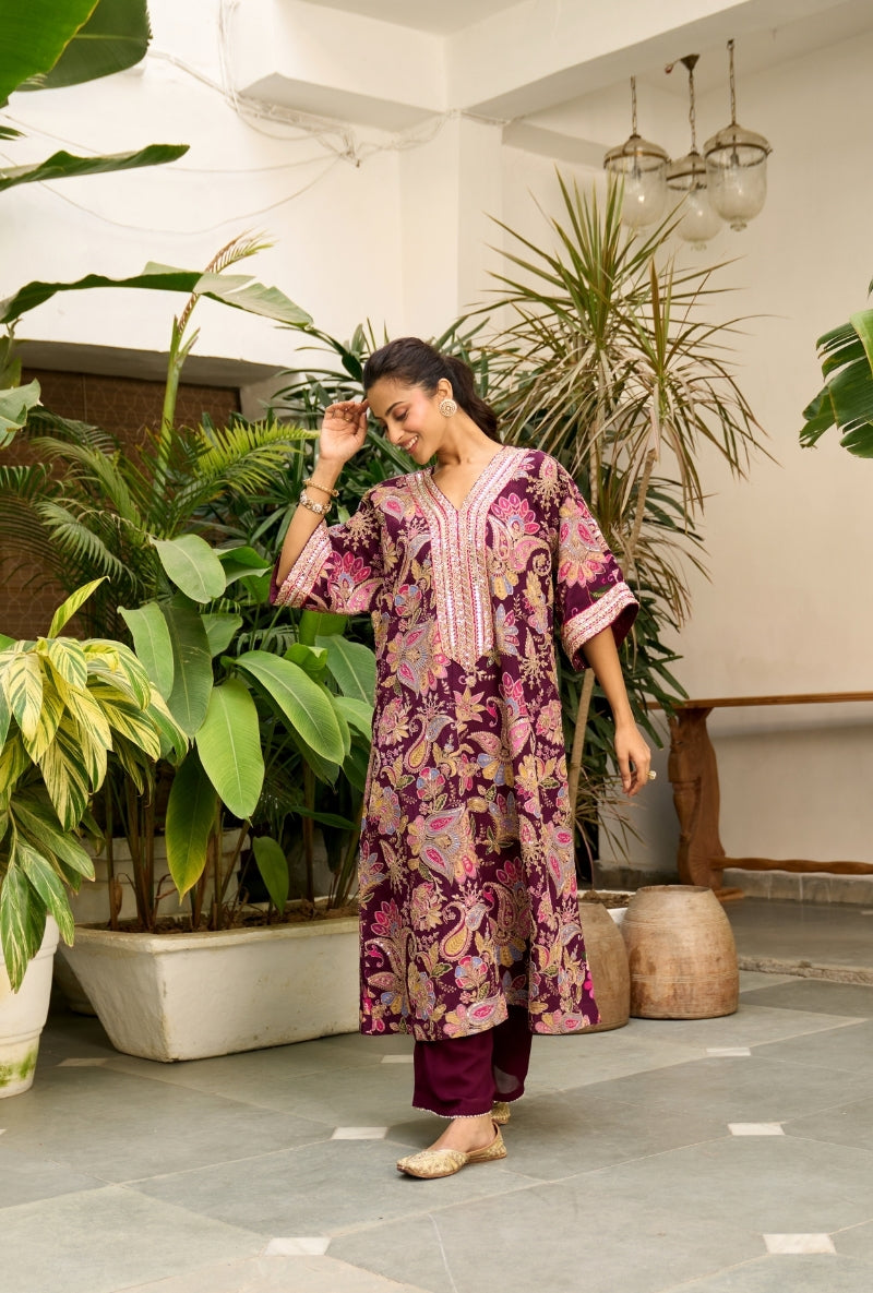 Burgundy Paisely Print Choga Style Nadira Kurta Set