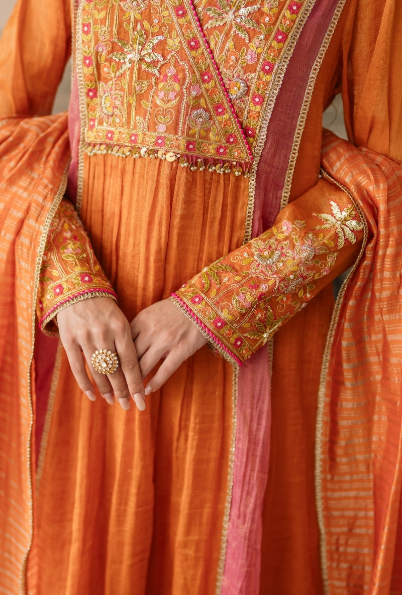 Rust Embroidered Overlap Yoke Gulbano Anarkali Set