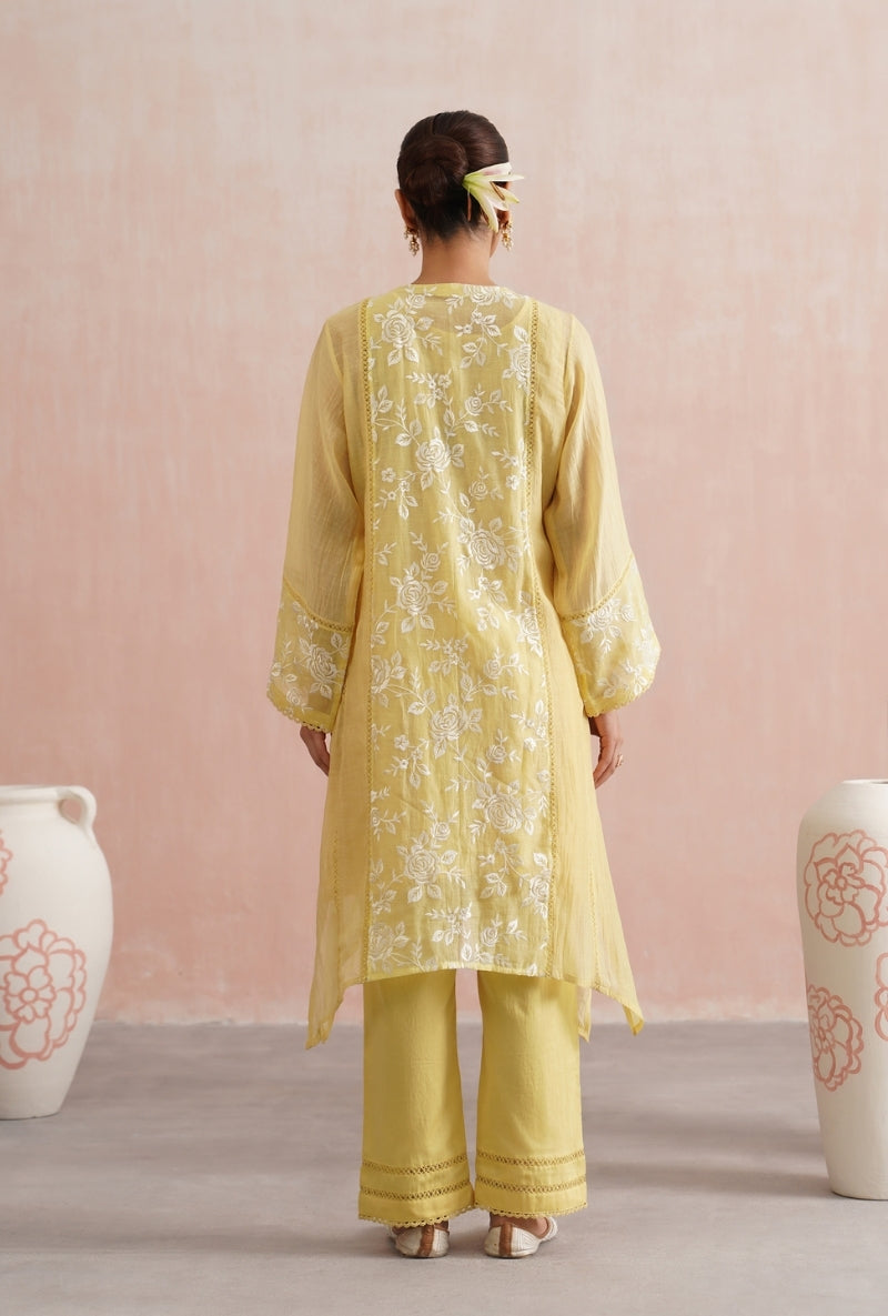 Lemon Yellow Pearl Embroidered Short Prisha Kurta Set